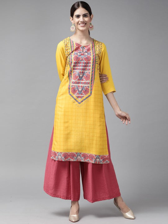 W Women Mustard Yellow & Pink Checked Keyhole Neck Straight Kurta Sale