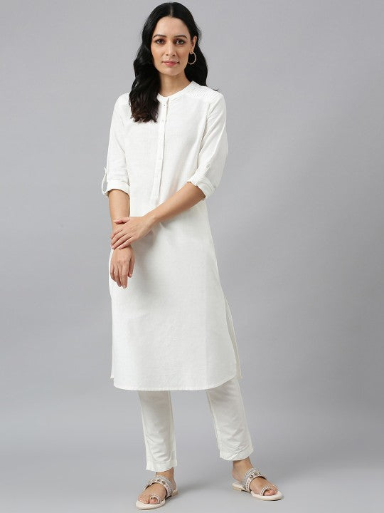 W White Mandarin Collar Roll-Up Sleeves Pathani Kurta Sale
