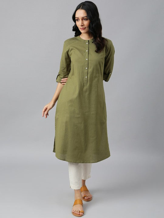 W Green Mandarin Collar Cotton A-line Kurta Supply