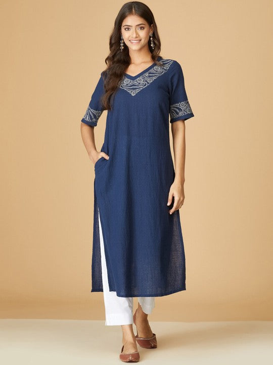 Fabindia V-Neck Thread Work Cotton Kurta Supply